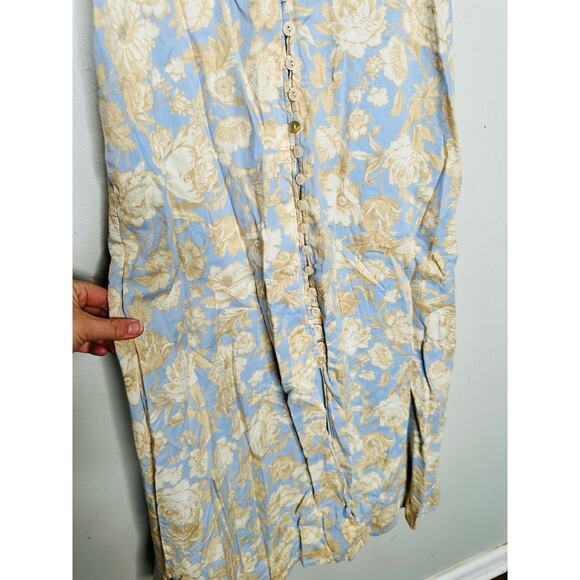 REBECCA TAYLOR Blue Yellow Printed Leaf Cotton Button Front Puff Sleeve Dress 0 - Picture 8 of 11